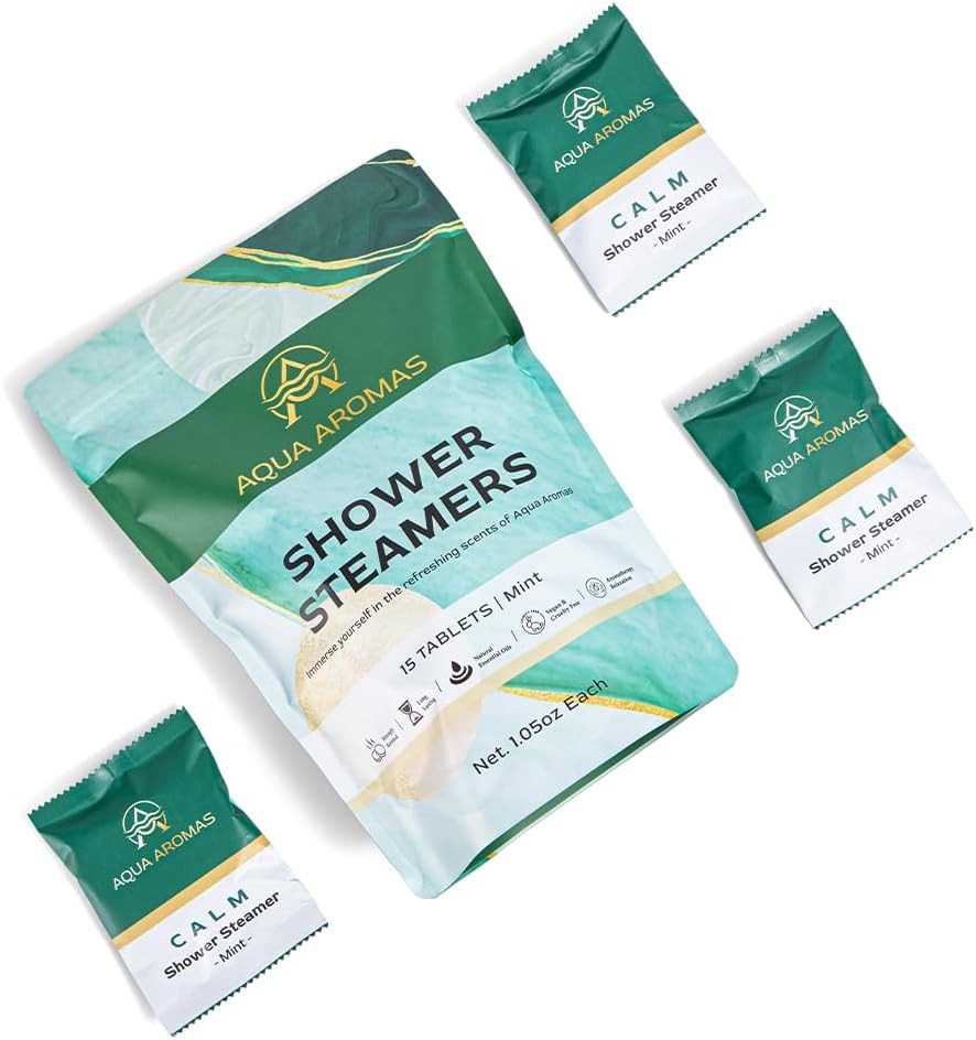 Aqua Aromas Shower Mint Steamers - Aromatherapy Shower Bombs with Mint Essential Oils, 15 Count - for Relaxation, Invigoration, Stress Relief & Wellness - Spa-Like Experience