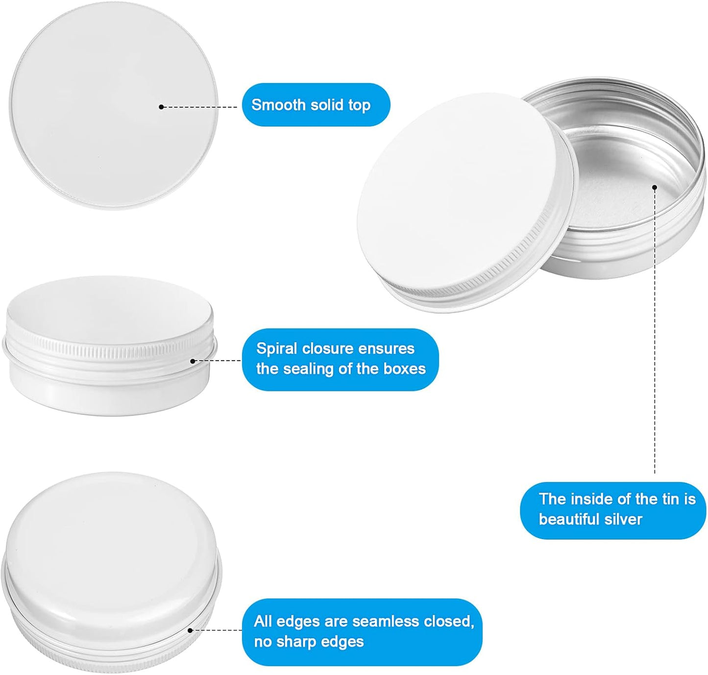 Patelai 2 oz White Metal Round Tins Aluminum Tin Cans Salve Tins Containers with Screw Lid 10 Sheets Stickers for Salve Spice Candies Balms Candles, 36 Pack (Classic Style)