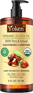 Yoken USDA Organic Jojoba Oil Cold Pressed 8 fl oz, 100% Pure & Natural Unrefined Jojoba Oil for Face Hair & Skin Massage, Hexane Free, Deeply Moisturizing Body Carrier oils Multi-Purpose Serum