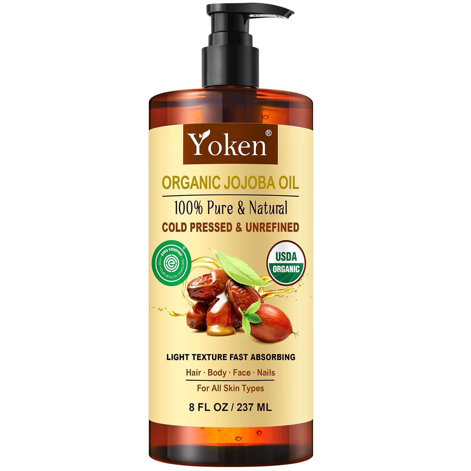 Yoken USDA Organic Jojoba Oil Cold Pressed 8 fl oz, 100% Pure & Natural Unrefined Jojoba Oil for Face Hair & Skin Massage, Hexane Free, Deeply Moisturizing Body Carrier oils Multi-Purpose Serum