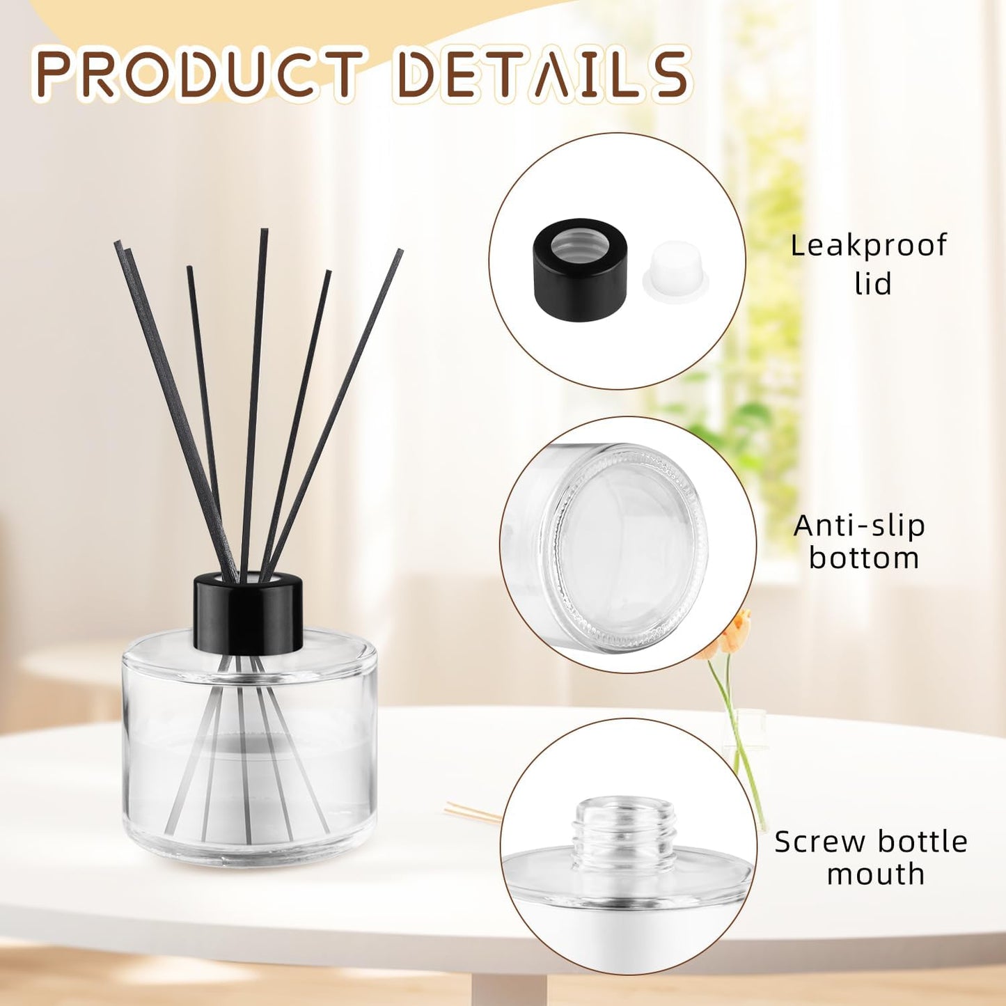 4Pcs 100ml Empty Reed Diffuser Bottles with Black Caps,Clear Round Glass Aromatherapy Bottles,Refillable Aromatic Diffusion Accessories for Perfume,Essential Oil,2 Pipettes,2 Funnels