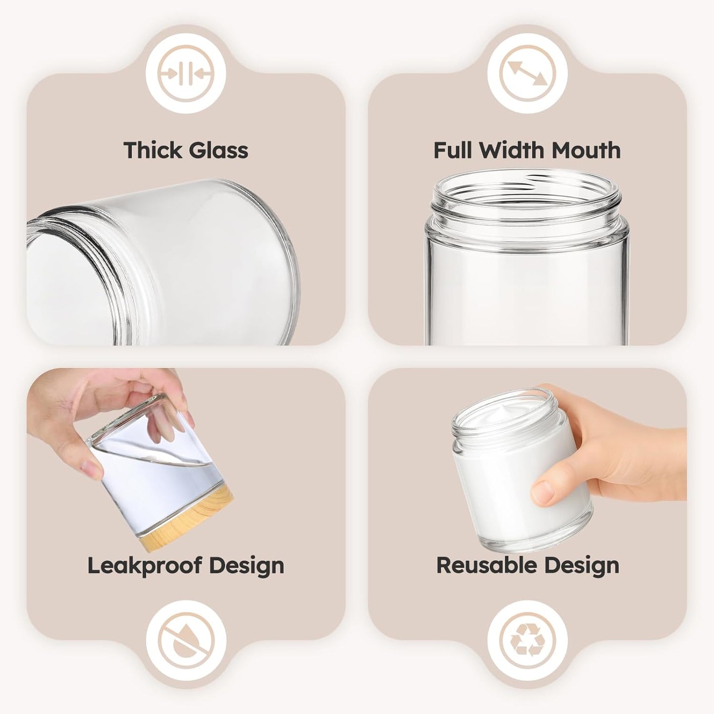 Tecohouse 8oz Glass Jars with Plastic Woodgrain Lids, 3 Pack Candle Jars with Blank Labels, 250g Clear Glass, Wide Mouth | Cosmetic Containers for Sample, Cream, Lotion, Honey, Powder, Jelly