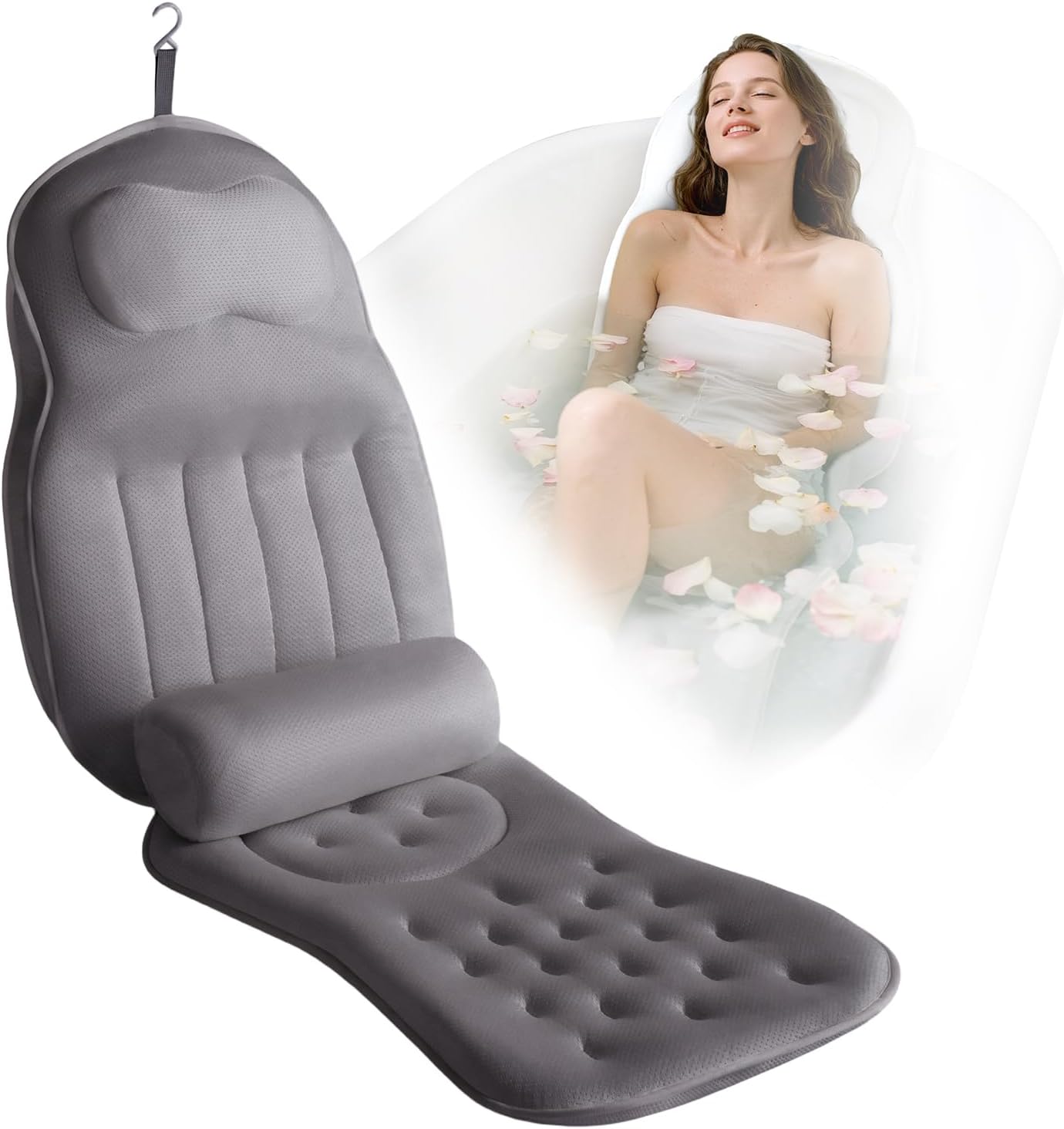 Full Body Bath Pillow for Bathtub,Thick Bathtub Cushion Soft 5D Mesh Spa Cushion,Luxury Tub Pillow with Laundry Bag for Headrest Neck and Back Support,Gift for Soaking (Gray)