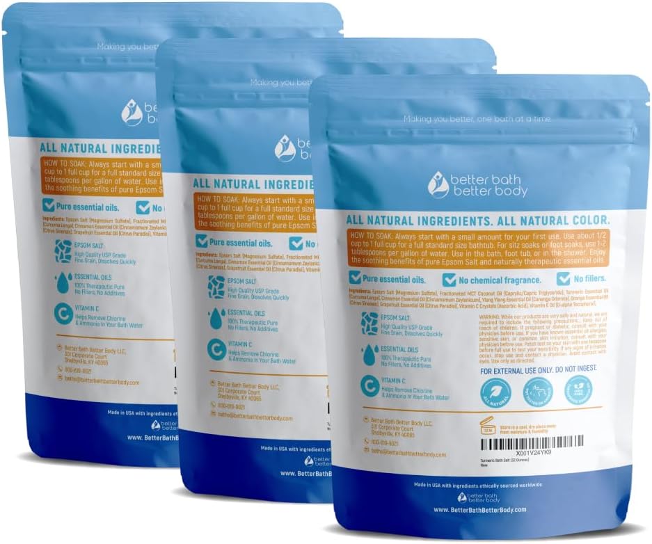 Turmeric Bath Salt (3 Pack 6 Lbs Total) Soothing Bath Aromatherapy Pure Essential Oils in BPA Free Pouch with Press Lock Seal Made in USA Three 2 Lbs Bundle