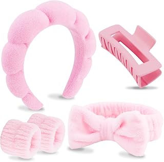 VELSCRUN Spa Headbands for Wash Face, Makeup Headband, Facial Skincare Headbands, 5 Pcs Pink Puffy Sponge Spa Headband Bow Tie Hair Band Hair Clips Wristband Set Women Girls Accessories