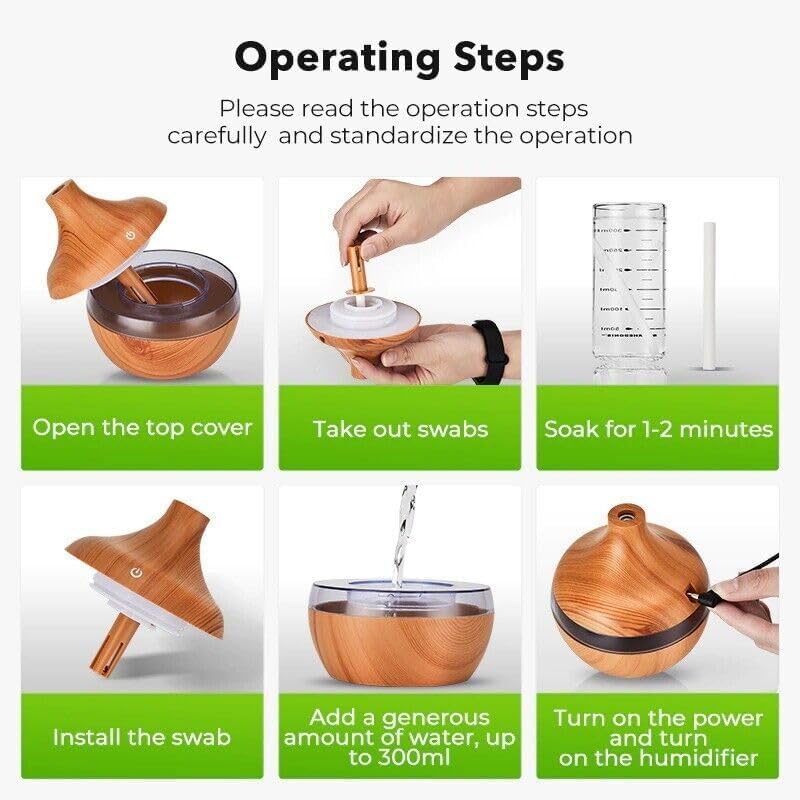 Wood Grain Essential Oil Diffuser, USB Powered Ultrasonic Humidifier, LED Light, Teardrop Shape, 300ml Capacity