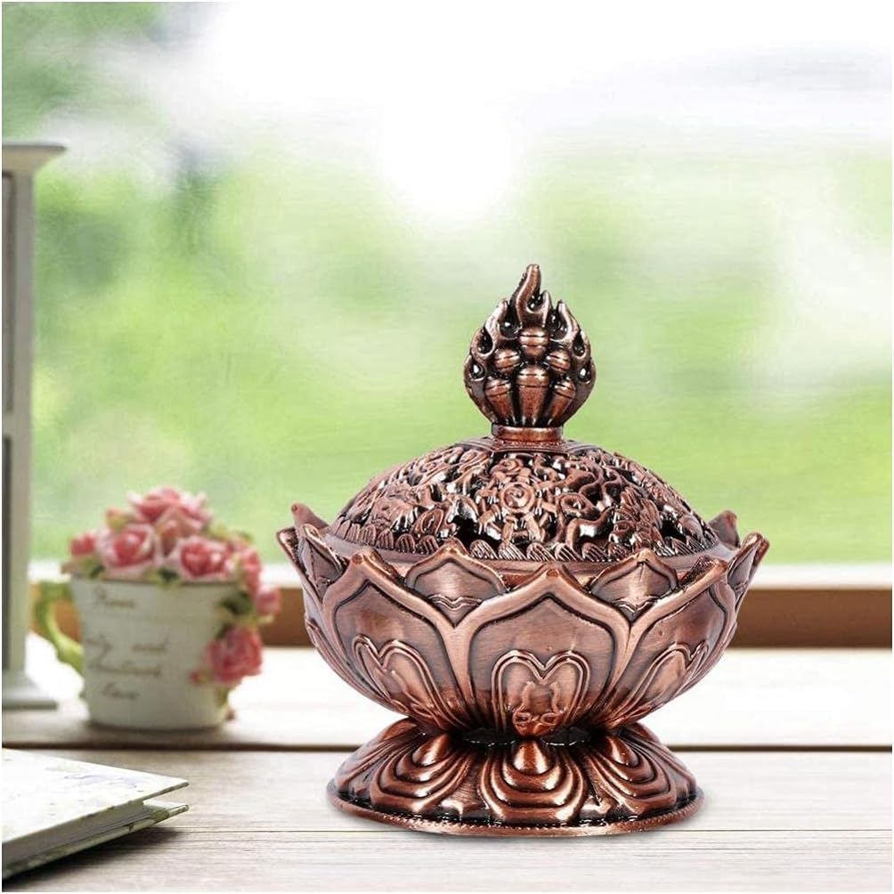 Incense Burner, Bronze Antique Chinese Asian Style Lotus Flower Incense Burner Pot Backflow Smoke Incense Burner Stick Cone Holder Zen Buddha Buddhist Meditation Decor Gift Set(Red Bronze)