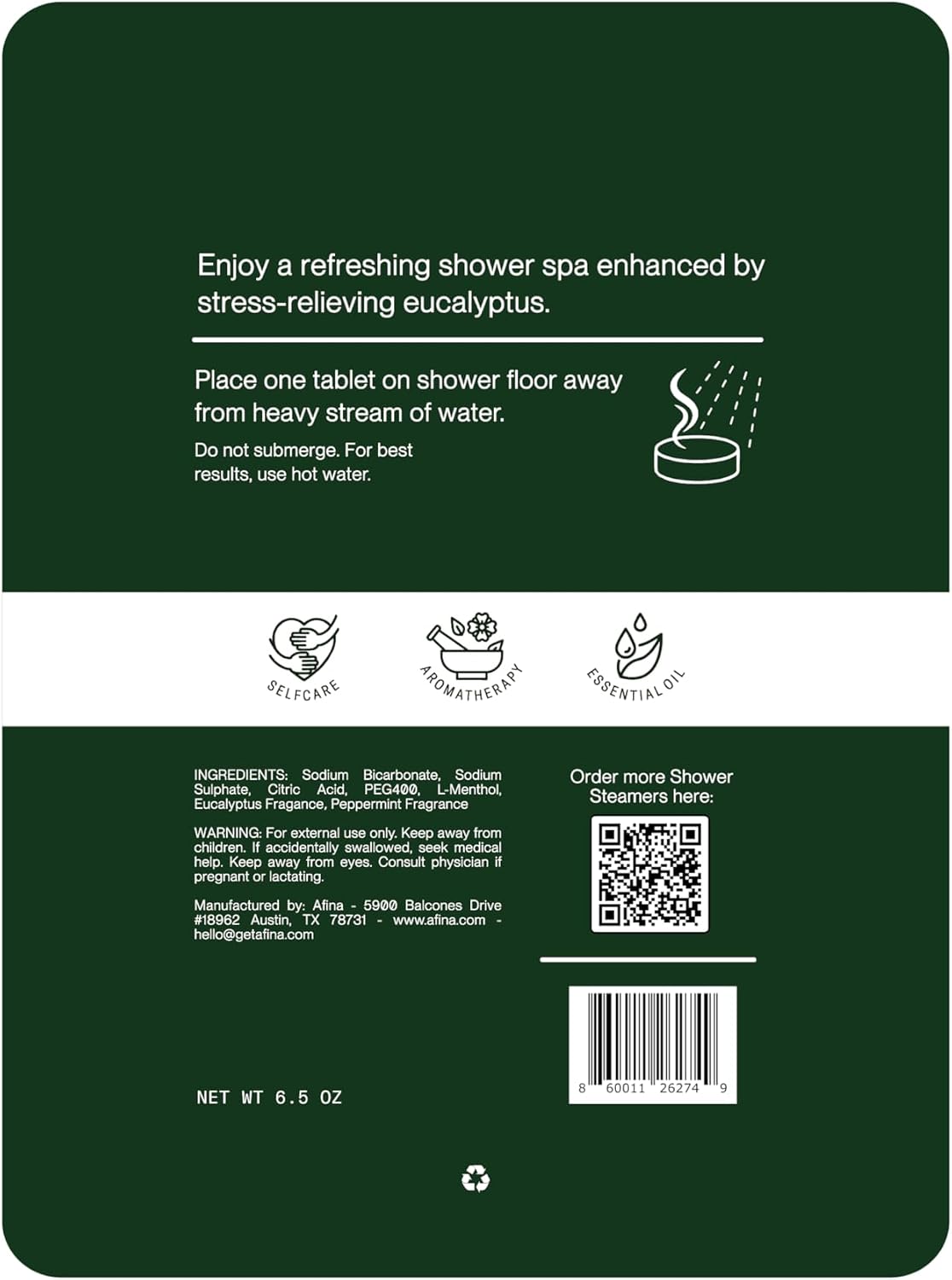 Afina Shower Steamers | Relief | Eucalyptus Mint | Natural Aromatherapy for Stress Relief and Relaxation | Spa Gifts for Women & Men (6 Count)