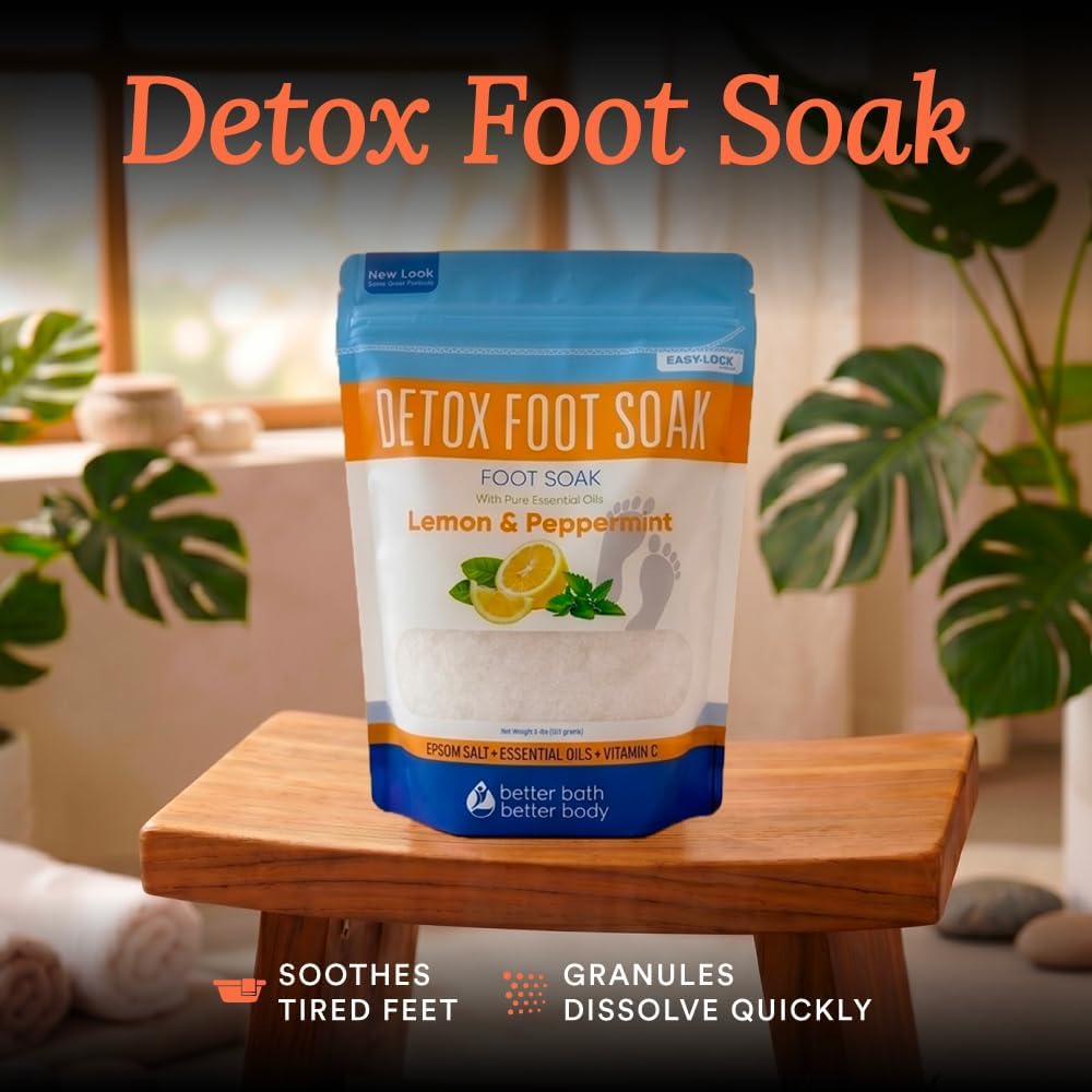 Detox Foot Soak Salts 32 Ounces with Lemon, Peppermint, Lavender Frankincense Essential Oils BPA Free Pouch with Easy Press-Lock Seal Soothe Athletes Foot, Soften Calluses, Relax Tired Feet