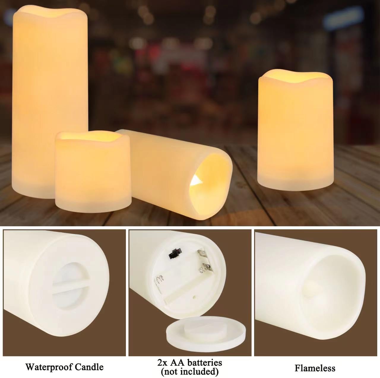 Enpornk Flameless Battery Operated Outdoor Waterproof Set of 12(D: 3" x H: 3" 4" 5" 6") Pillar LED Candles with 10-Key Remote and Cycling 24 Hours Timer