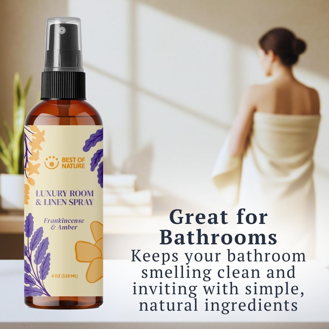 Best of Nature Luxury Room & Linen Spray – All-Natural Essential Oil Air Freshener for Home, Bedroom, Bathroom & Linens – Plant-Based, Family-Safe, Relaxing Aromatherapy Mist (Frankincense & Amber)