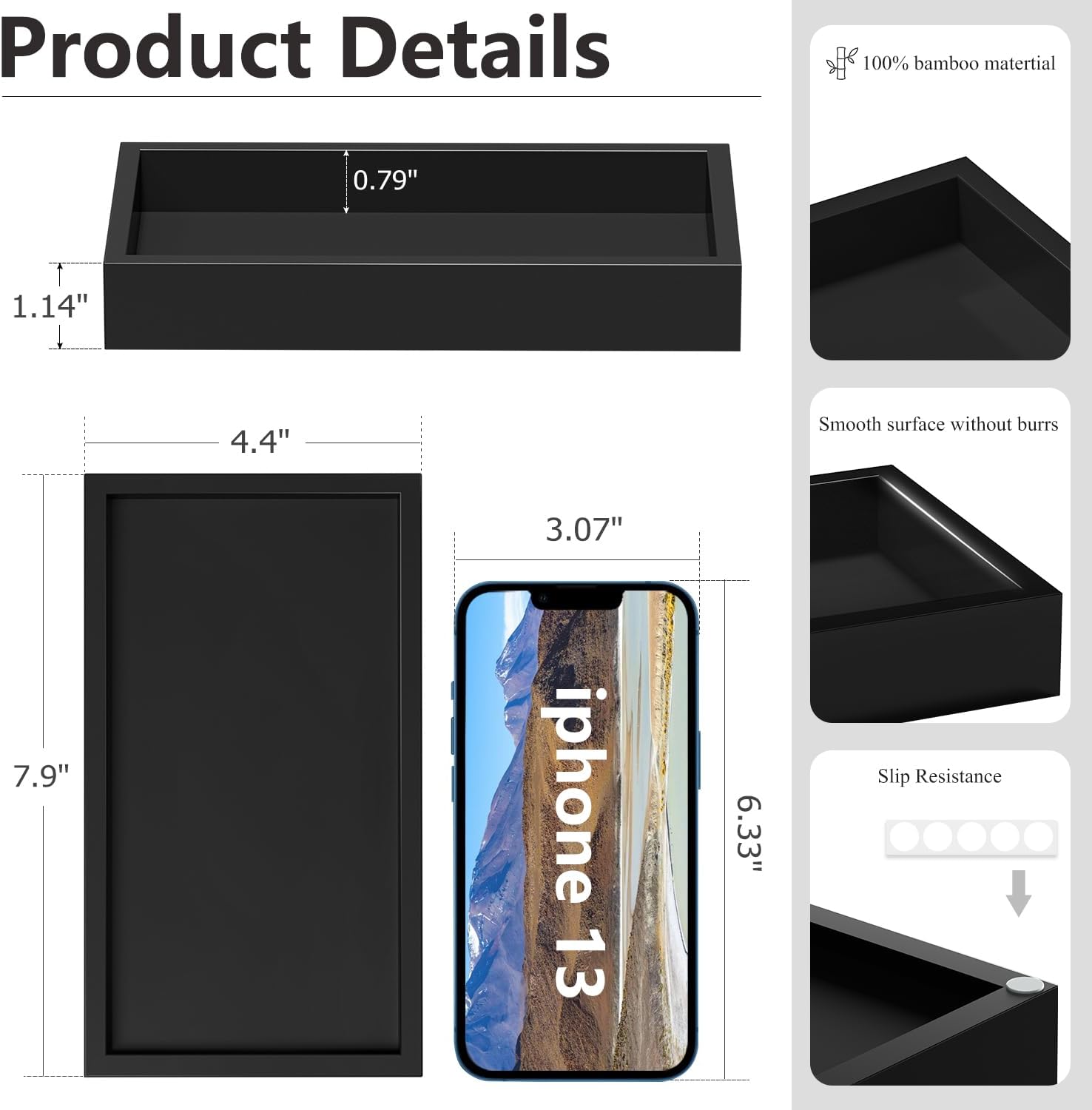 ZHWS Small Bathroom Vanity Tray for Countertop Makeup Perfume Decor Candle Jewelry, Small Kitchen Tray for Soap Dispenser Spice Sponge Holder Black Toilet Tray 7.9”L x 4.4”W x 1.14”H