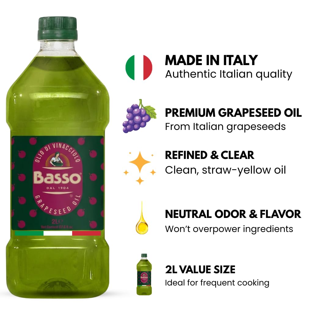 BASSO 1904 - Italian Grapeseed Oil Cooking, 67.6 fl oz (2 liters), Product of Italy, Light Neutral Oil for Everyday Kitchen Use