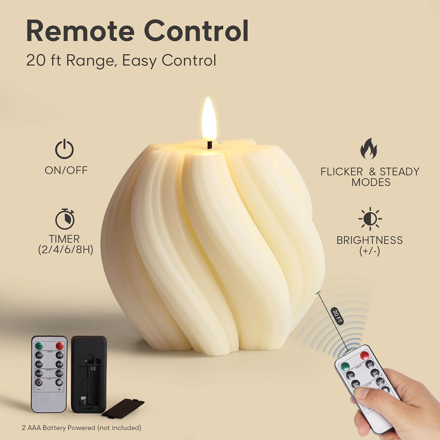 Cream White Swirl Flameless Candles with Remote, Aesthetic Twirl LED Pillar Candle Housewarming Gift Home Shelf Decor Set of 2
