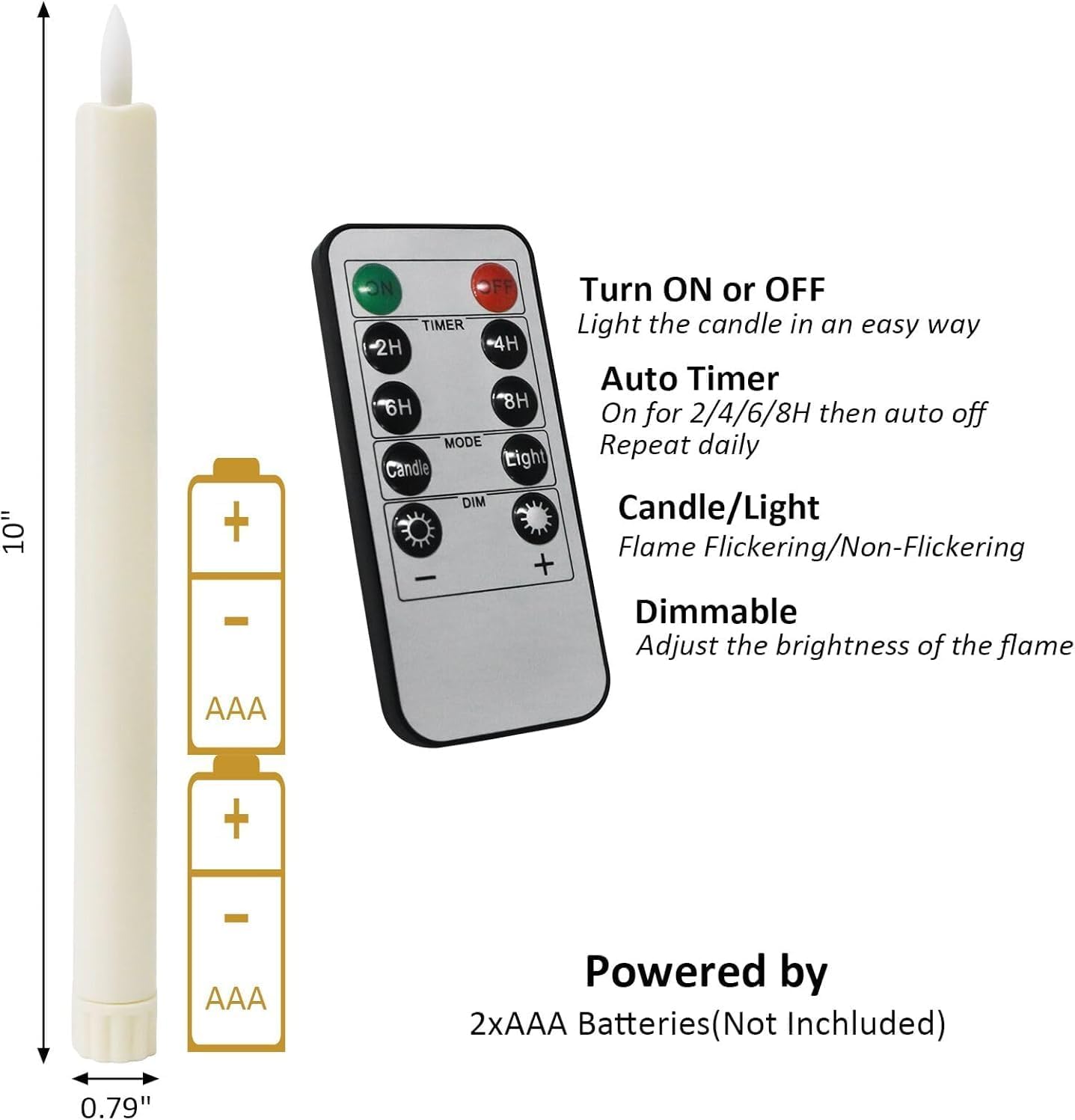12PCS Flameless Taper Candles with 3D Flickering Flame Battery Operated Candles with 2 Remote with Button Cell Battery 10 Inch Ivory LED Candlesticks Window Candle for Christmas Home Decor