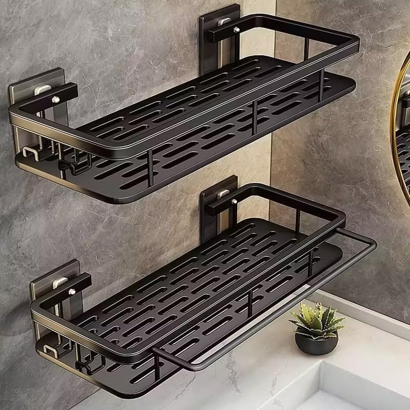 EVALAND Shower Caddy Adhesive 2-Pack with Hooks and Rod for Towels, Black – Premium Bathroom Shower Shelves, Shampoo Organizer, Bathtub Shelf, Rustproof, Easy Installation, Sturdy Modern Look