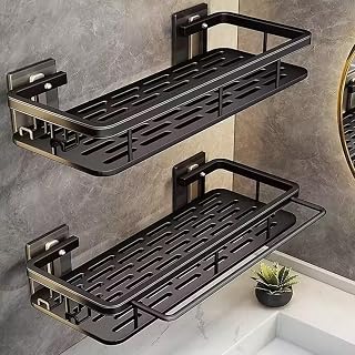 EVALAND Shower Caddy Adhesive 2-Pack with Hooks and Rod for Towels, Black – Premium Bathroom Shower Shelves, Shampoo Organizer, Bathtub Shelf, Rustproof, Easy Installation, Sturdy Modern Look
