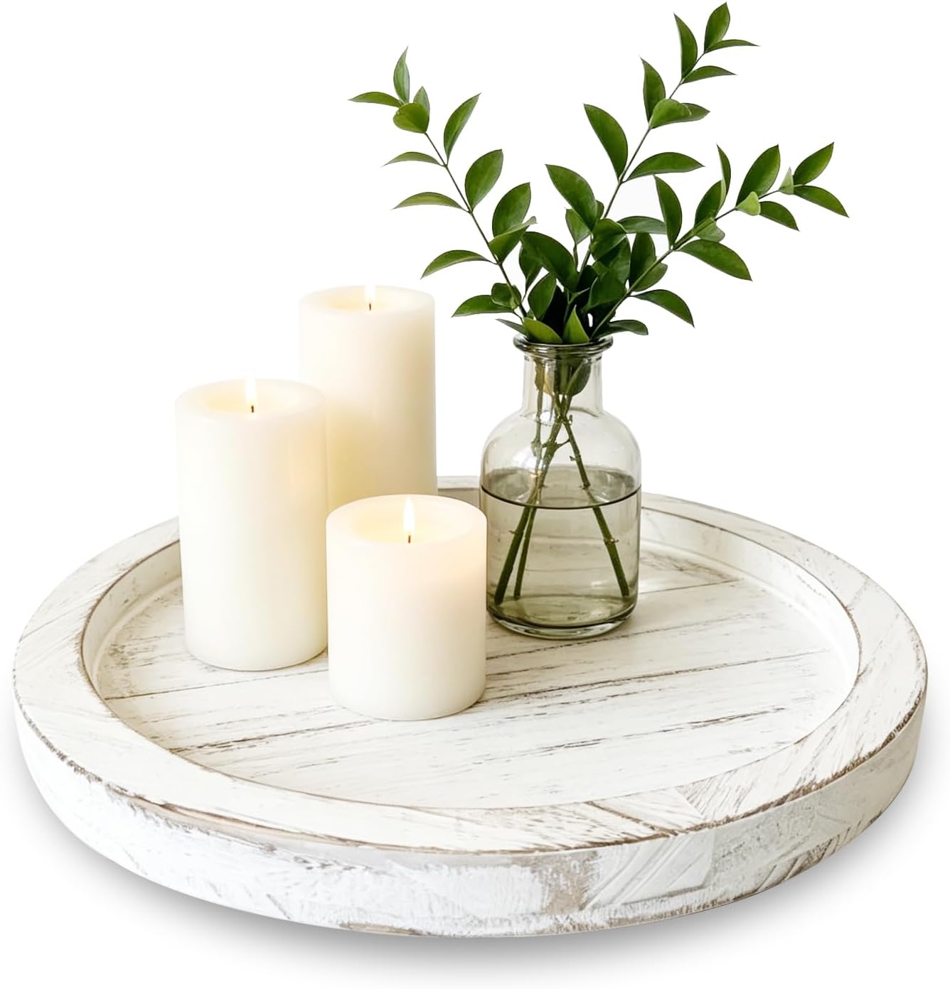 11 Inch Round Distressed White Paulownia Wood Candle Tray with 3 Small Sturdy Feet, Shabby Chic Farmhouse Decor for Coffee Table, Bathroom Vanity & Home Centerpieces