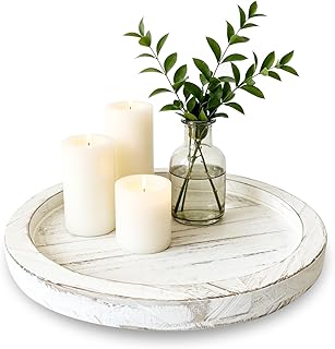 11 Inch Round Distressed White Paulownia Wood Candle Tray with 3 Small Sturdy Feet, Shabby Chic Farmhouse Decor for Coffee Table, Bathroom Vanity & Home Centerpieces