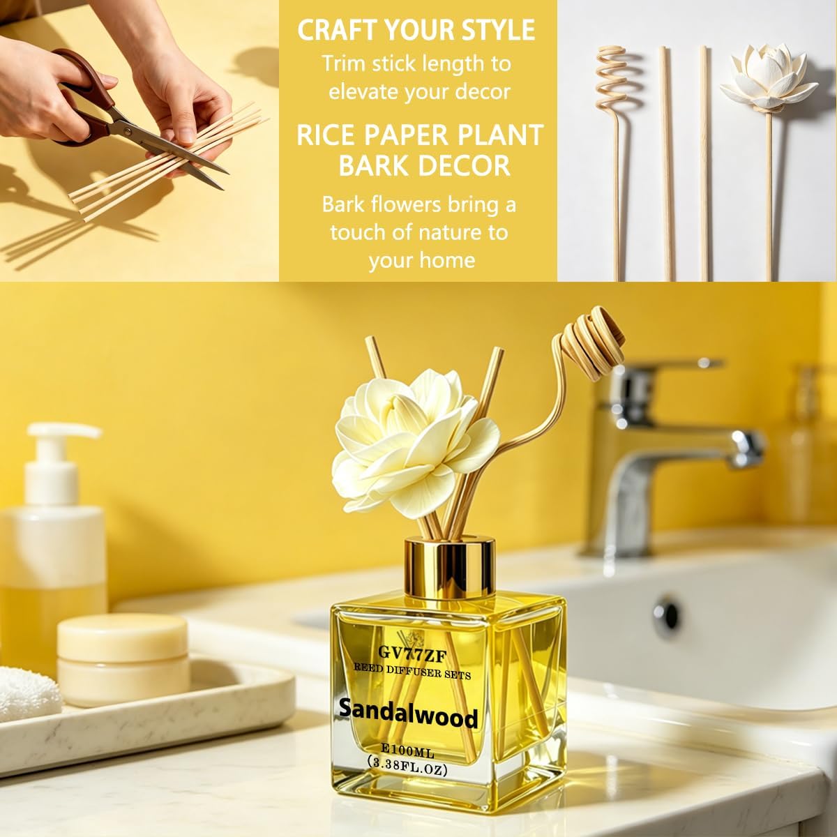 Gardenia Reed Diffuser – 3.38 oz Glass Bottle with Rattan Sticks & Dried Flowers, Rich White Floral Scent for Home, Adjustable Intensity Aroma Gift for Women, Housewarming, Mom
