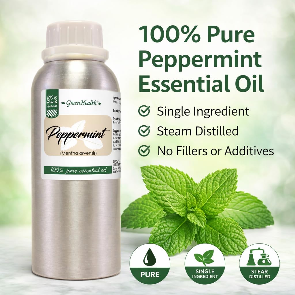 Peppermint Essential Oil – 8 fl oz (237 ml) Aluminum Bottle w/Plug Cap – 100% Pure Essential Oil – GreenHealth