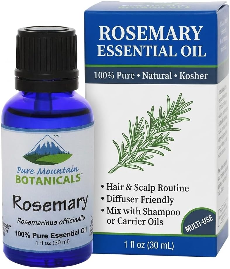 Pure Mountain Botanicals Rosemary Essential Oil - Pure, Undiluted, Steam Distilled - Spanish Rosemary - Kosher Certified - 1 fl oz (30 ml)