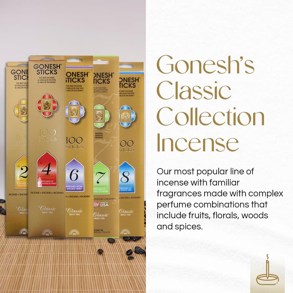 Gonesh - Classic Incense Sticks Variety Pack - Non-Toxic 10” Slow Burn Aromatic Sticks - No. 2, 4, 6, 7 and 8-5 Packs of 20