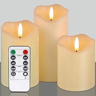 Flickering flameless Candles, Battery Operated Candles with Remote, led Pillar Candles，Electric Candle Set of 3，Christmas Home Wedding Birthday Decor（Ivory White） ﻿ ﻿