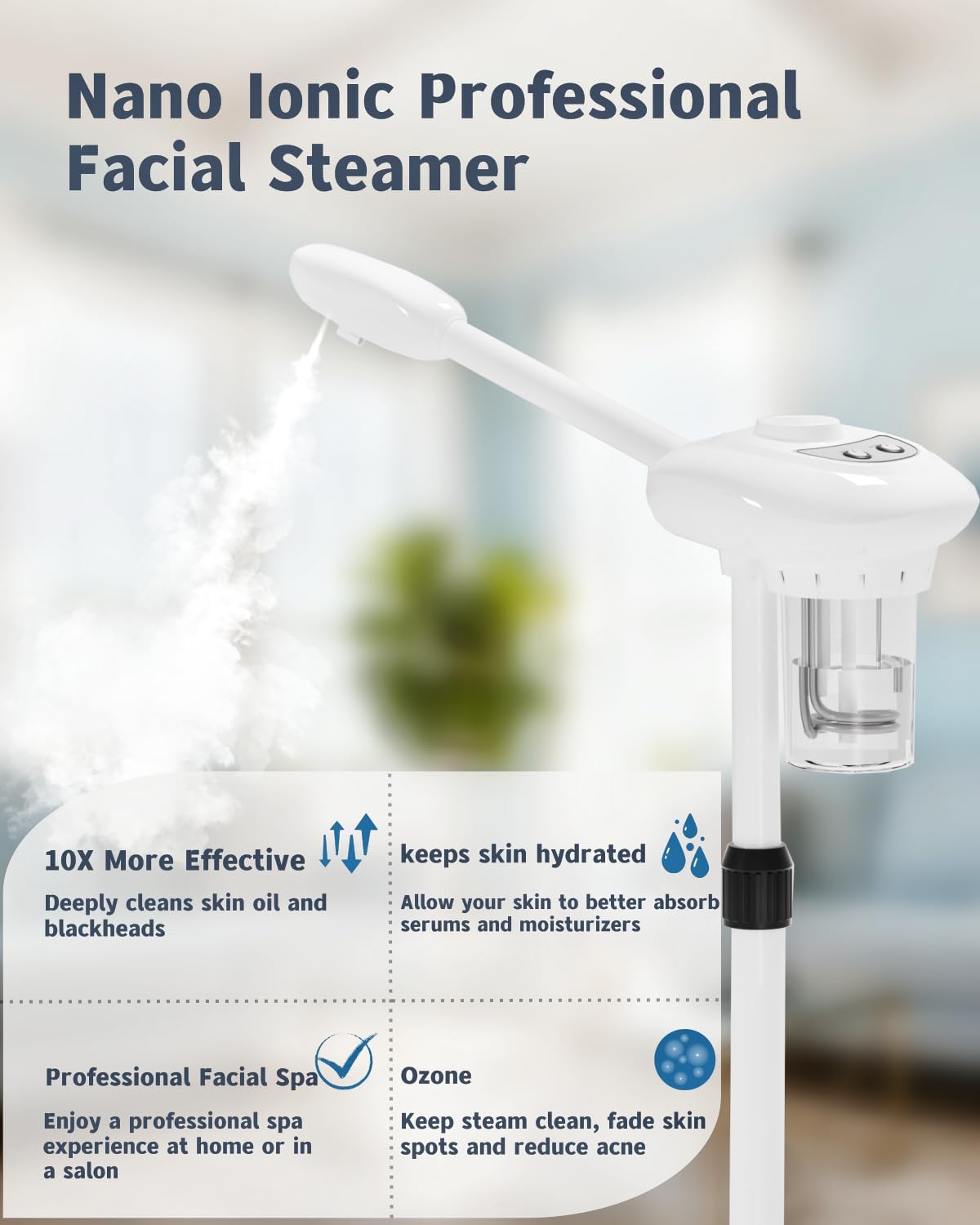Facial Steamer Professional, Nano Ionic Warm Mist and Ozone Function Face Steamer for Deep Cleansing Pores & Moisturizing, Home Facial Spa, Skin Care Equipment for Salon and Home.