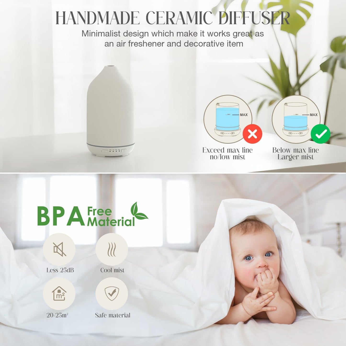 SALKING 200ml Ceramic Essential Oil Diffuser, Stone Diffusers for Essential Oils, Ultrasonic Aromatherapy Diffusers with with 7-Color LED Lights Timers, for Office Bedroom Home (White)