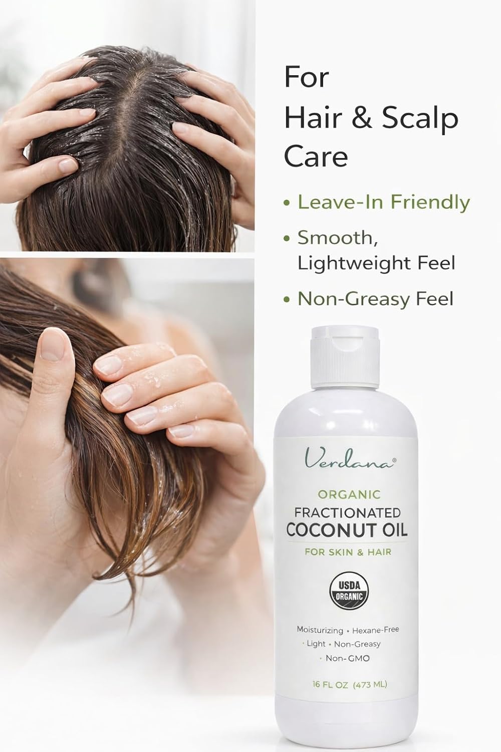 Verdana Organic Fractionated Coconut Oil for Skin & Hair – Lightweight, Fast Absorbing Carrier Oil for Essential Oils, Body & Scalp Care – USDA Organic, Unscented