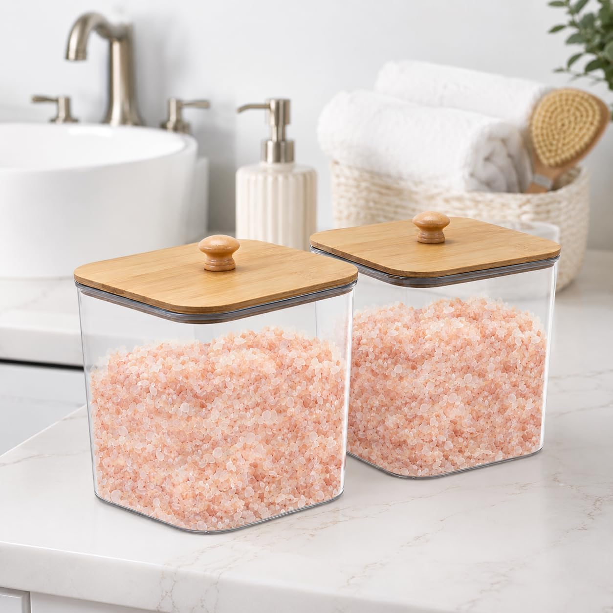 Bath Salt Container,2 Pack Clear Plastic Storage Bathroom Canisters with Wooden Lids & Handle,Airtight Bath Salt Dispenser Jars for Bathroom Organization Accessories,Bathtub Decor Box