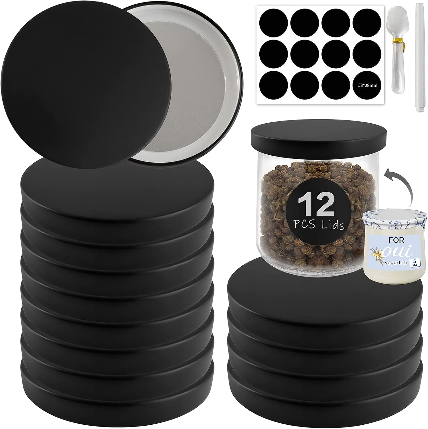Oui Yogurt Jar Lids metal - 12 Pack Oui Lids Black lids with gasket for Yoplait Yogurt Container…