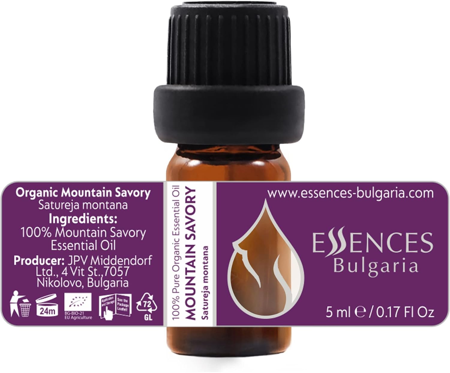 Essences Bulgaria Organic Mountain Savory Essential Oil 1/6 Fl Oz | 5ml | Satureja Montana | 100% Pure and Natural | Undiluted | Therapeutic Grade | Family Owned Farm | Steam-Distilled | Non-GMO