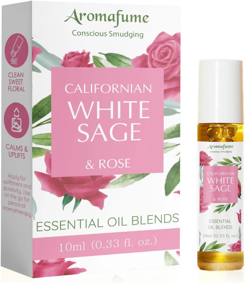 White Sage & Rose Essential Oil Roll-On Blend by Aromafume | 10ml/0.33 fl oz | Aromatherapy Oil for Cleansing Negative Energy & Protection | Ethically sourced sage Oil for smokeless smudging