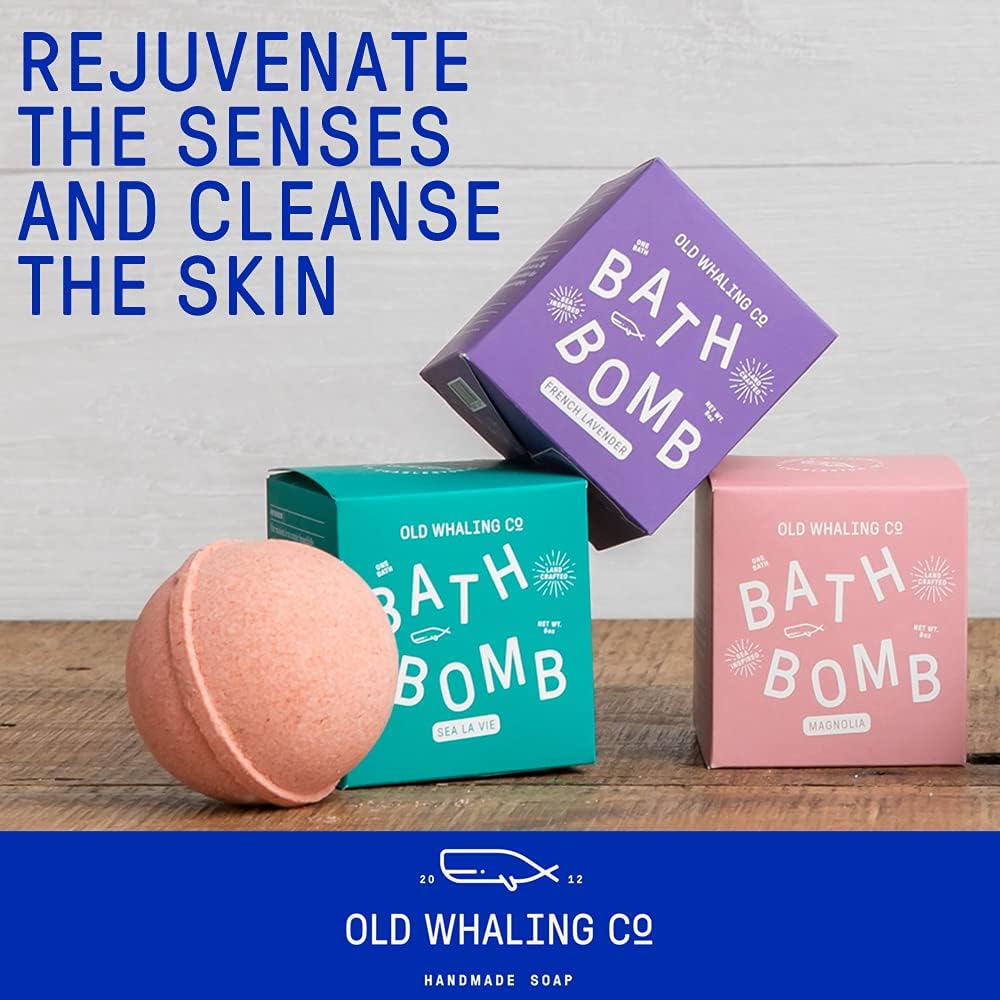 Old Whaling Co French Lavender Bath Bomb – Set of 4 – Handmade Bath Soak with Epsom Salts – Cleansing, Soothing and Moisturizing Fizz – Lavender, Mountain Heather and Rose Scent, 8 oz