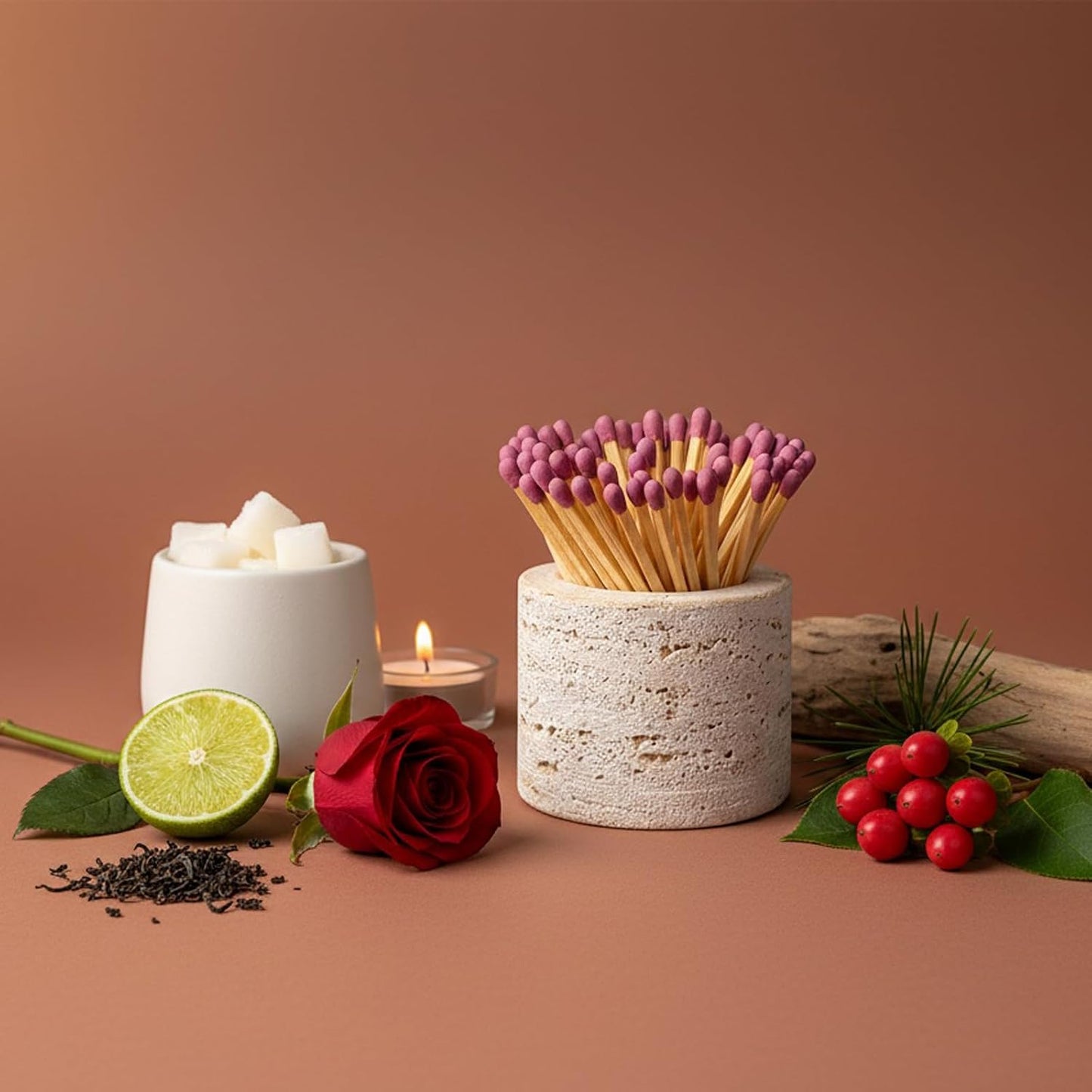 Matches in a Jar with Striker - Natural Travertine Match Holder with 2 Replacement Pads, Decorative Jar for Bathroom Candle Fireplace Parlor, Unique Organic Modern Home DecorGift(Matches Not Included)