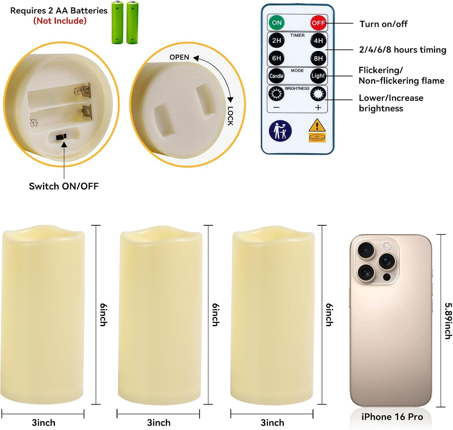 Raycare 3"x6" Outdoor Waterproof Flameless Candles, Battery Operated LED Electric Candles with Remote and Timers, Fake Pillar Candle for Patio, Porch, and Wedding Decor, Ivory, Set of 3