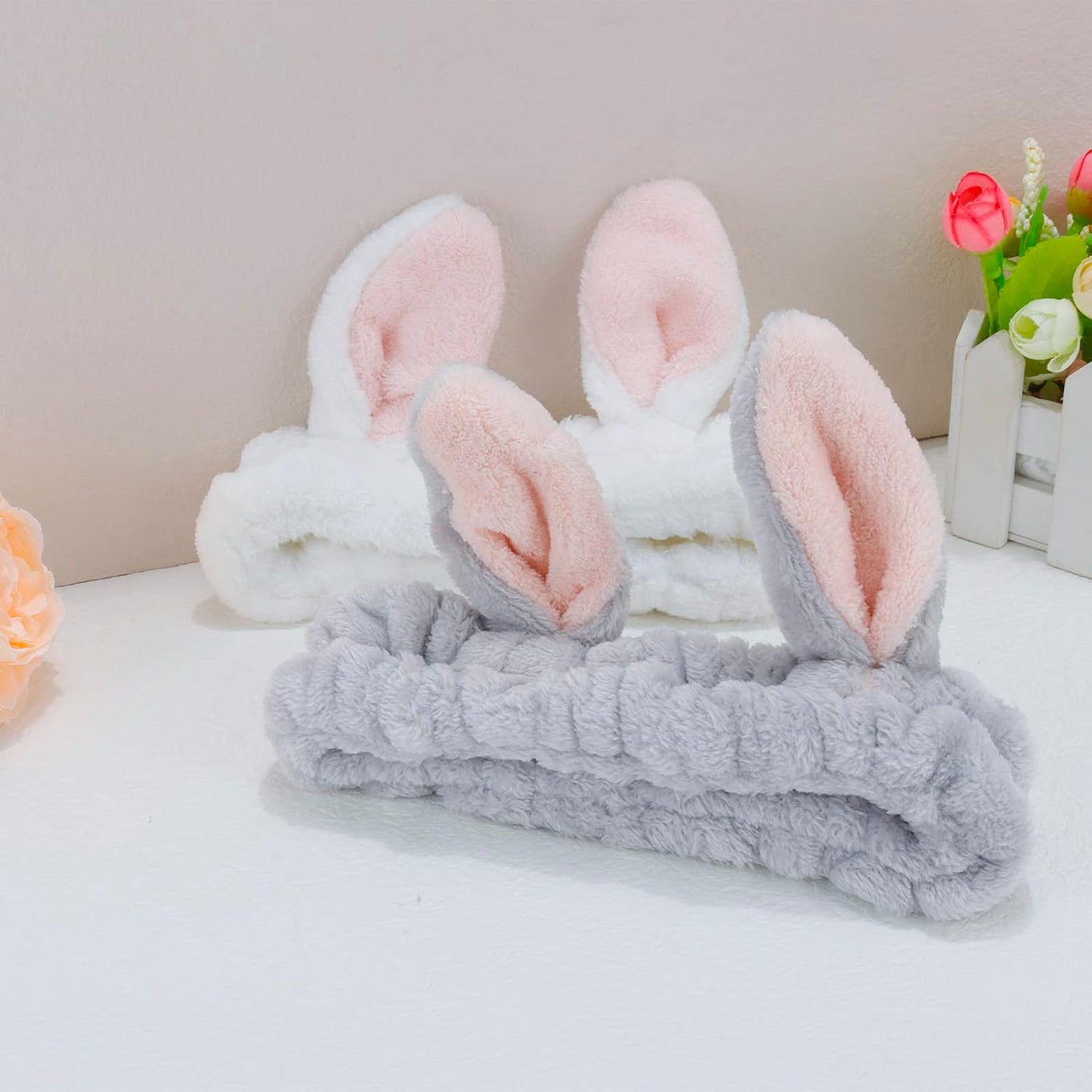 YISSION Cute Bunny Ear Spa Headband for Women and Girls - Soft Plush Makeup Headband for Face Washing, Skincare, Shower, Easter Party Favors (2 Pack, White & Gray)