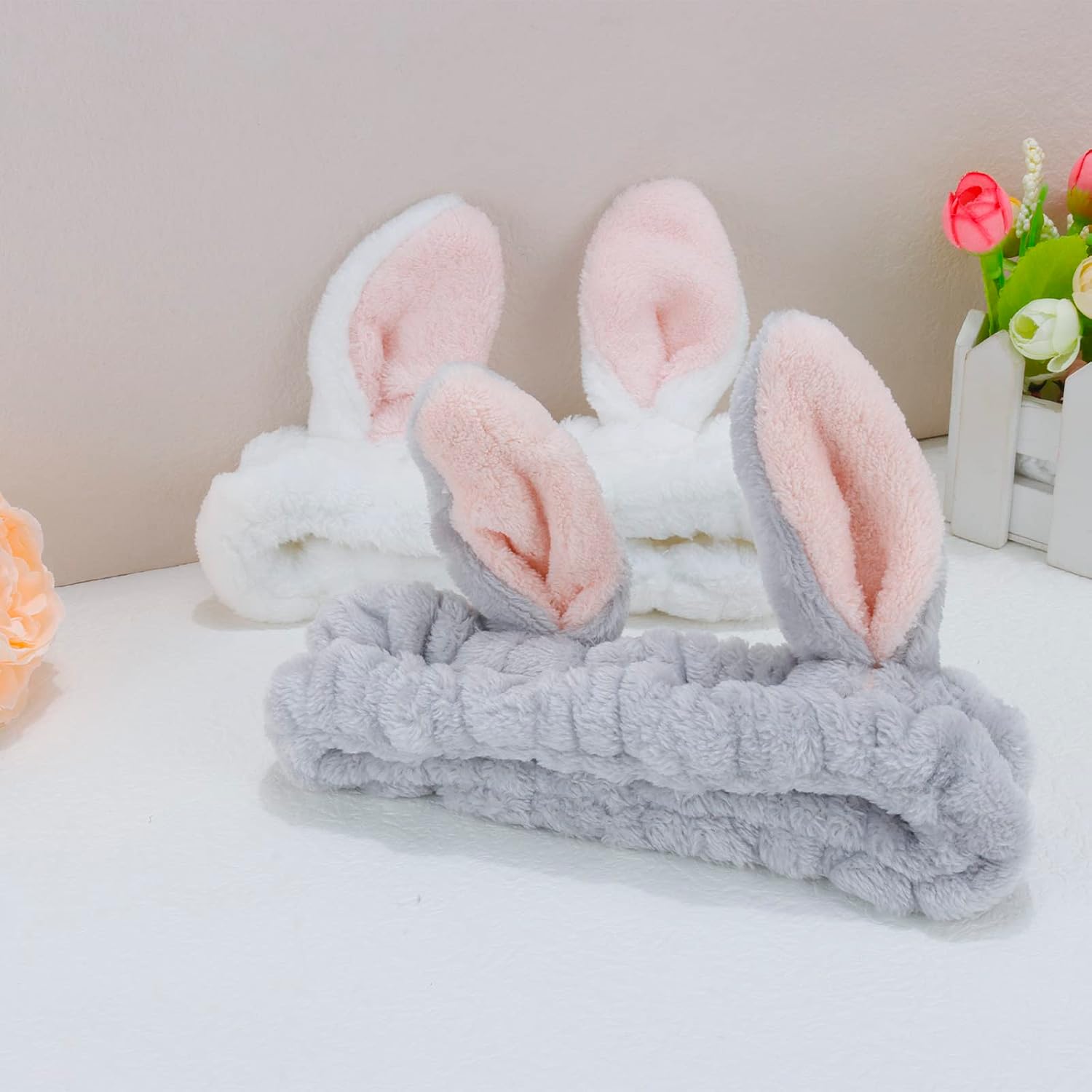 YISSION Cute Bunny Ear Spa Headband for Women and Girls - Soft Plush Makeup Headband for Face Washing, Skincare, Shower, Easter Party Favors (2 Pack, White & Gray)