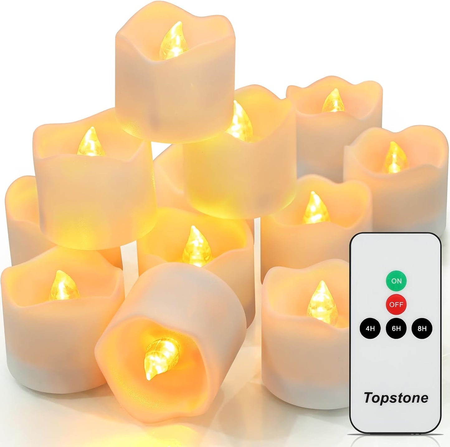 Topstone Flameless Candles with Remote Control, Battery-Operated LED Electronic Candles, 400+ Hours with CR2450 Battery, Yellow Glow, Flickering Realistic Fake Candles for Home Decor, Wedding, Party