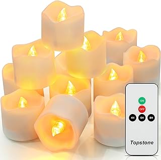 Topstone Flameless Candles with Remote Control, Battery-Operated LED Electronic Candles, 400+ Hours with CR2450 Battery, Yellow Glow, Flickering Realistic Fake Candles for Home Decor, Wedding, Party