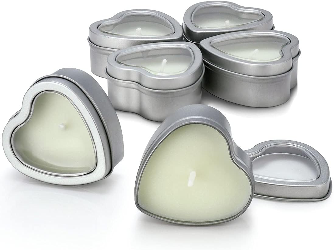 DEYBBY Jasmine Scented Soywax Tealight Candles, White Heart Shaped Aromatherapy Candles Gifts Tins for Women, Mother, Wife, Lover (Pack of 6)
