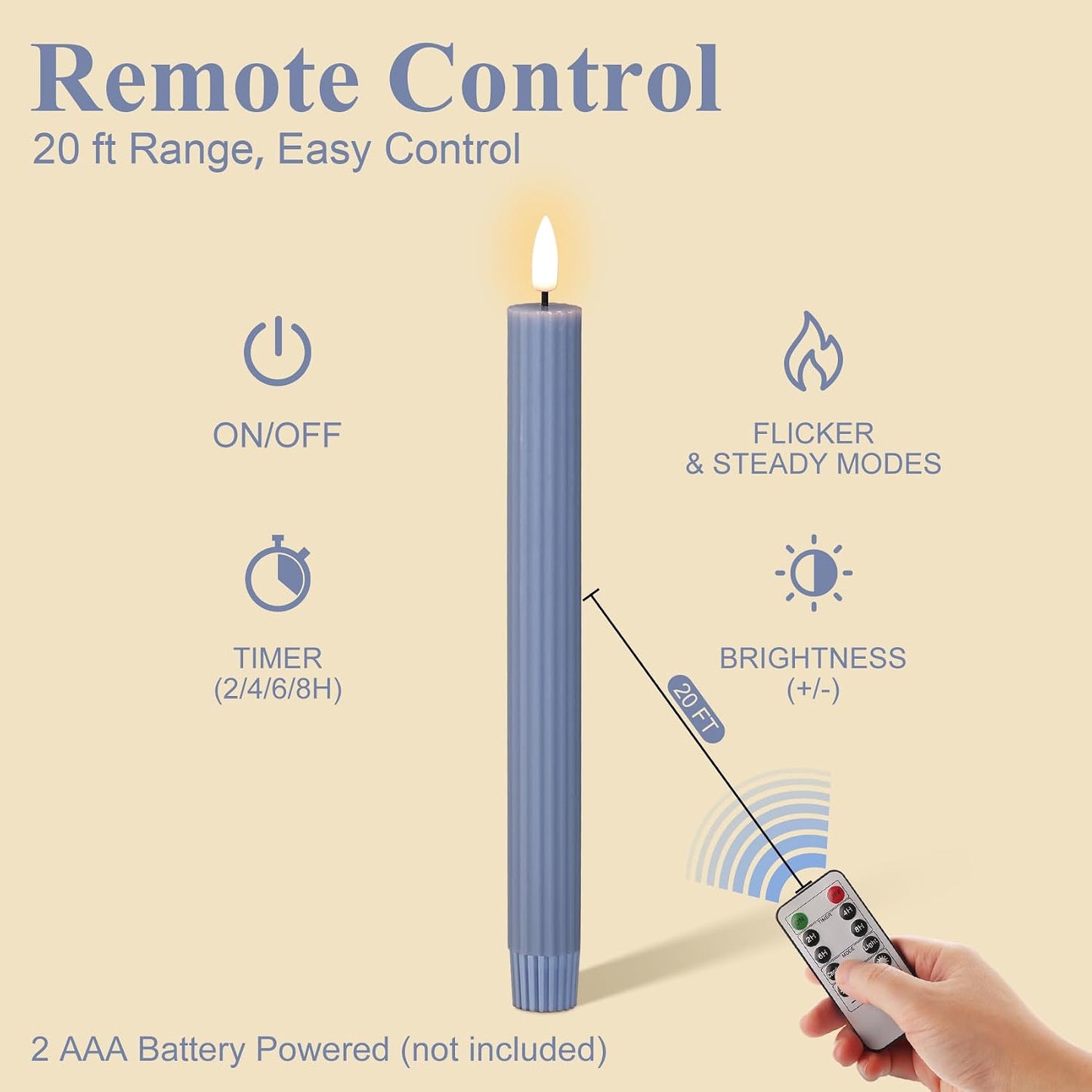 Dusty Blue Ribbed Fluted Flameless Taper Candles with Remote, Flickering Battery LED Wax Candlesticks Wedding Home Decor Set of 4
