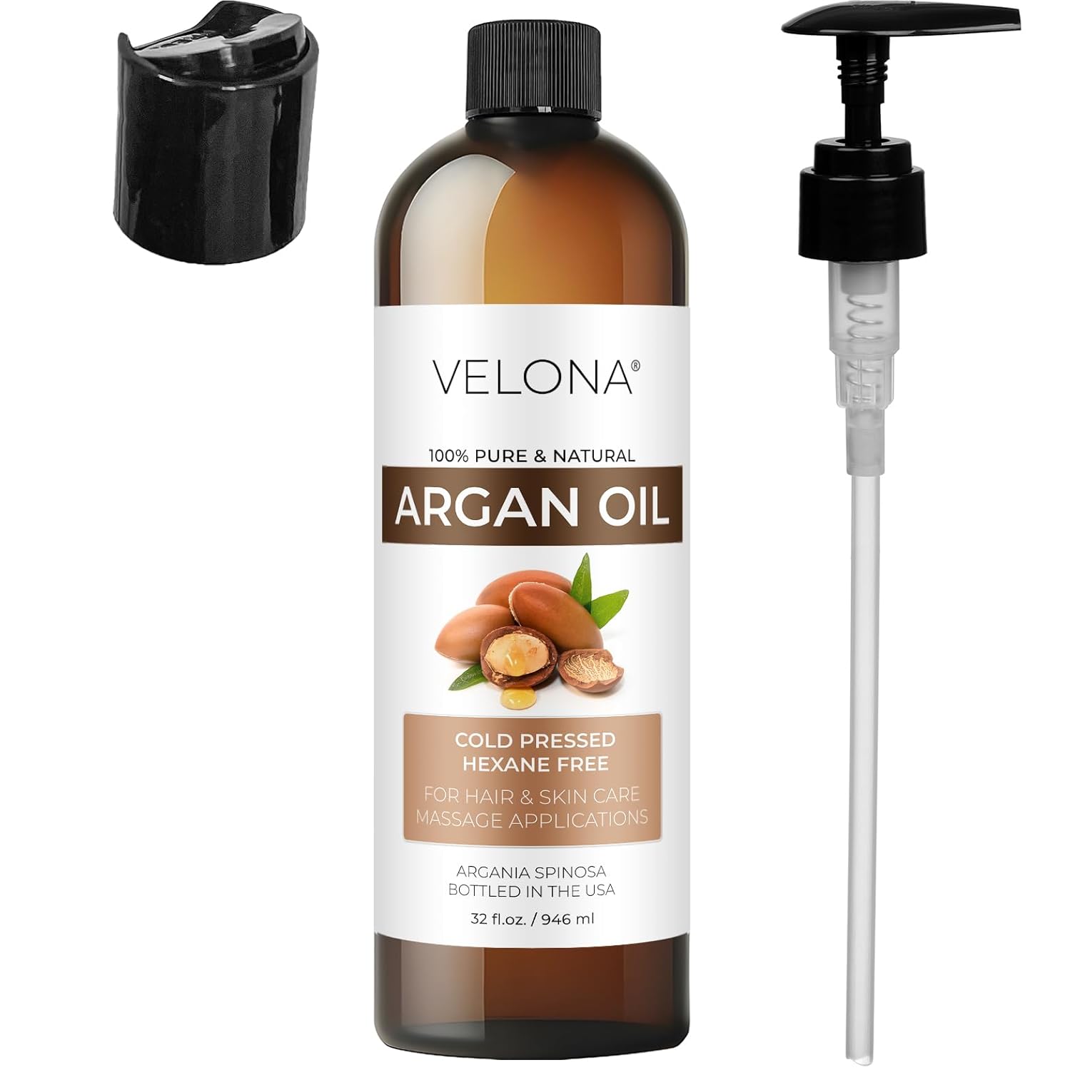 velona Argan Oil - 32 Fl Oz | 100% Pure and Natural | Morocco Oil | Skin, Body and Face Care | Nails Protector | Unrefined, Cold Pressed | Cap Kit