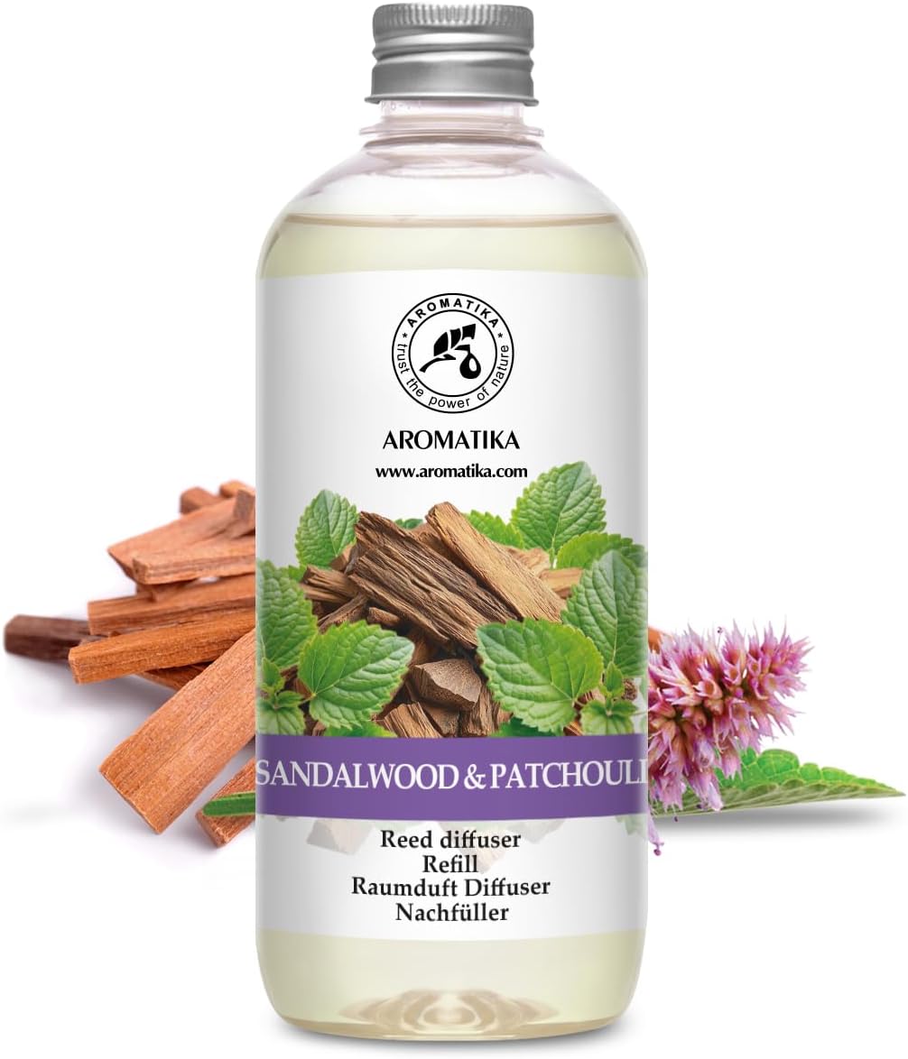 Reed Diffuser Refill Sandalwood - Patchouli 17 Fl Oz - Scented Diffuser Refill with Patchouli Essential Oil - Home Fragrance - Sandal Aroma - Air Freshener - Aromatherapy - Spa - Home - Office