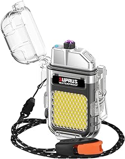 SUPRUS Waterproof 3 Modes of Flashlight Windproof Lighter Dual Arc Electric Rechargeable Dual Arc Plasma Lighter with Survival Emergency Whistle and Lanyard (Black)
