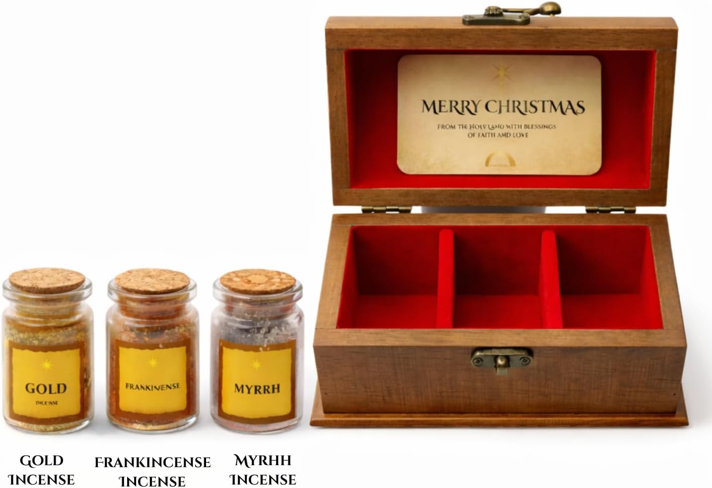Three Kings Gifts - Gold,Frankincense and Myrrh Gift Set from Holy Land - Nativity Keepsake Set - Christian Faith Worship Display Box & Scripture Card