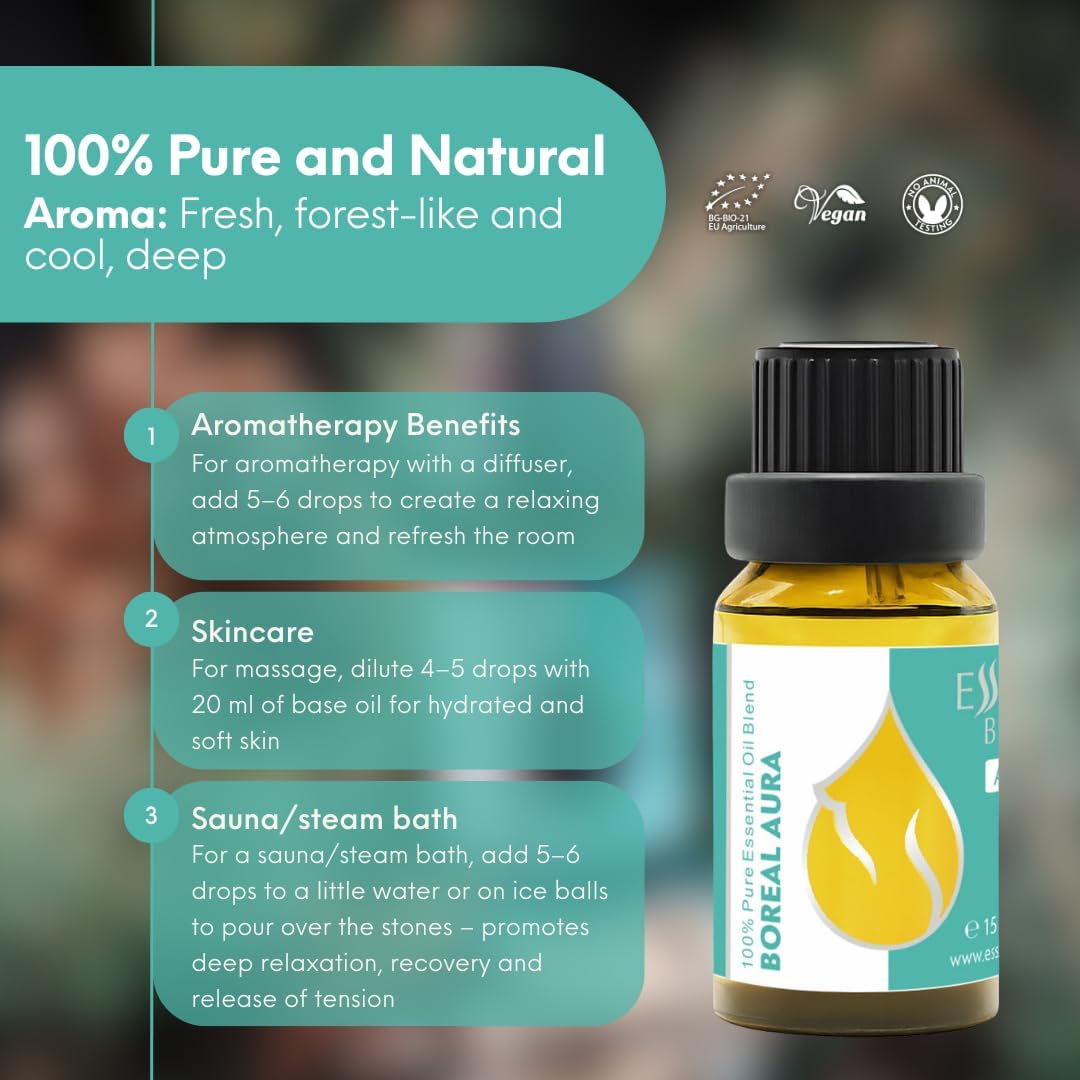Essences Bulgaria Boreal Aura Organic Essential Oil Blend 0.5 Fl Oz | 15ml | Silver Fir, Scotch Pine, Norway Spruce, Star Anise, Cedarwood | Aromatherapy, Sauna & SPA | 100% Pure & Natural | Undiluted