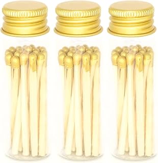 River Birch Gold Tip Decorative Matches | 60+ Small Premium Wooden Safety Matches | 3 Bottles of 20+ Matches Each with Gold Lid and Striker on Bottom | Home Decor